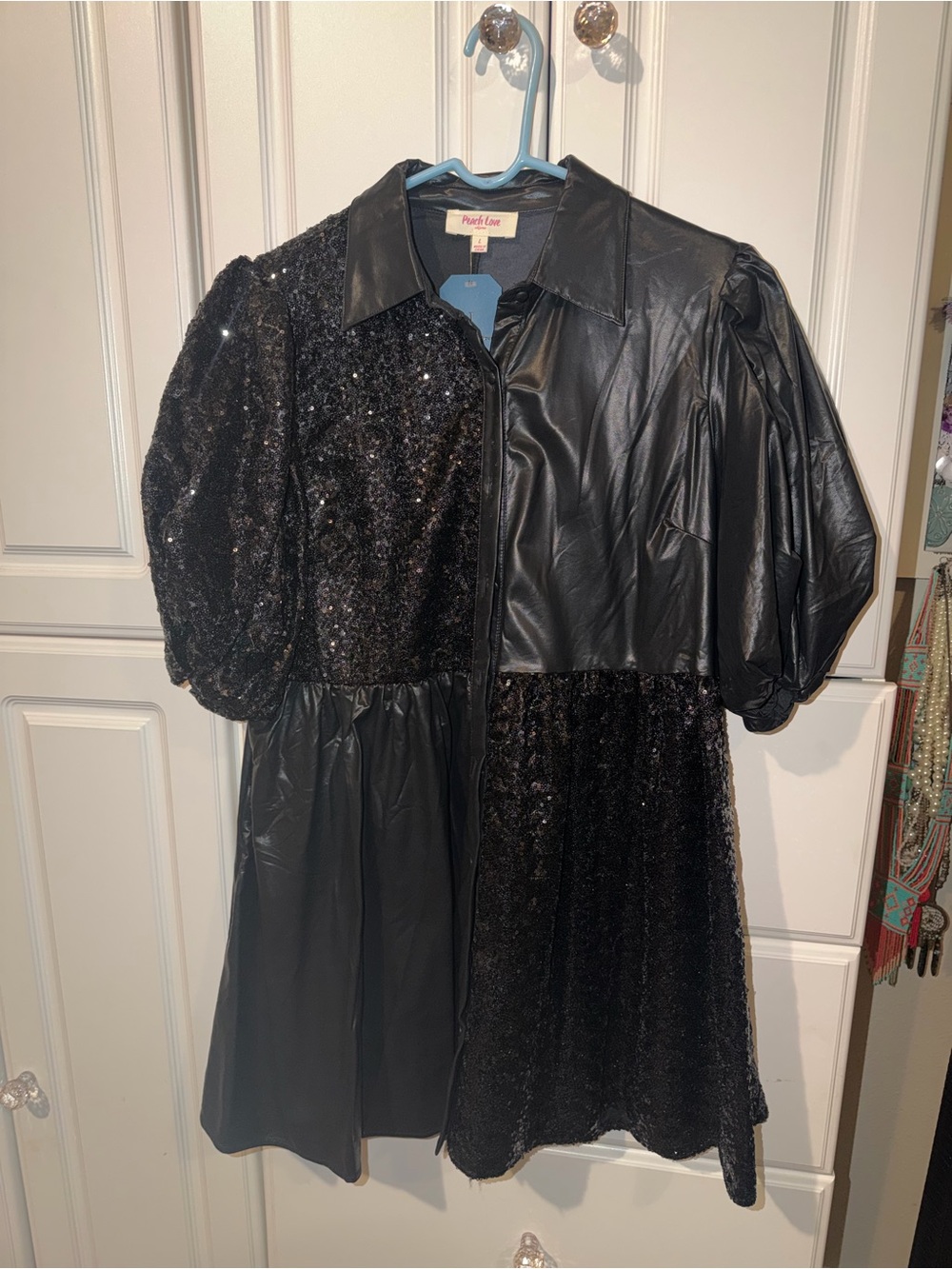 Peach Love California Black Sequin & Faux-Leather Puff Sleeve Dress